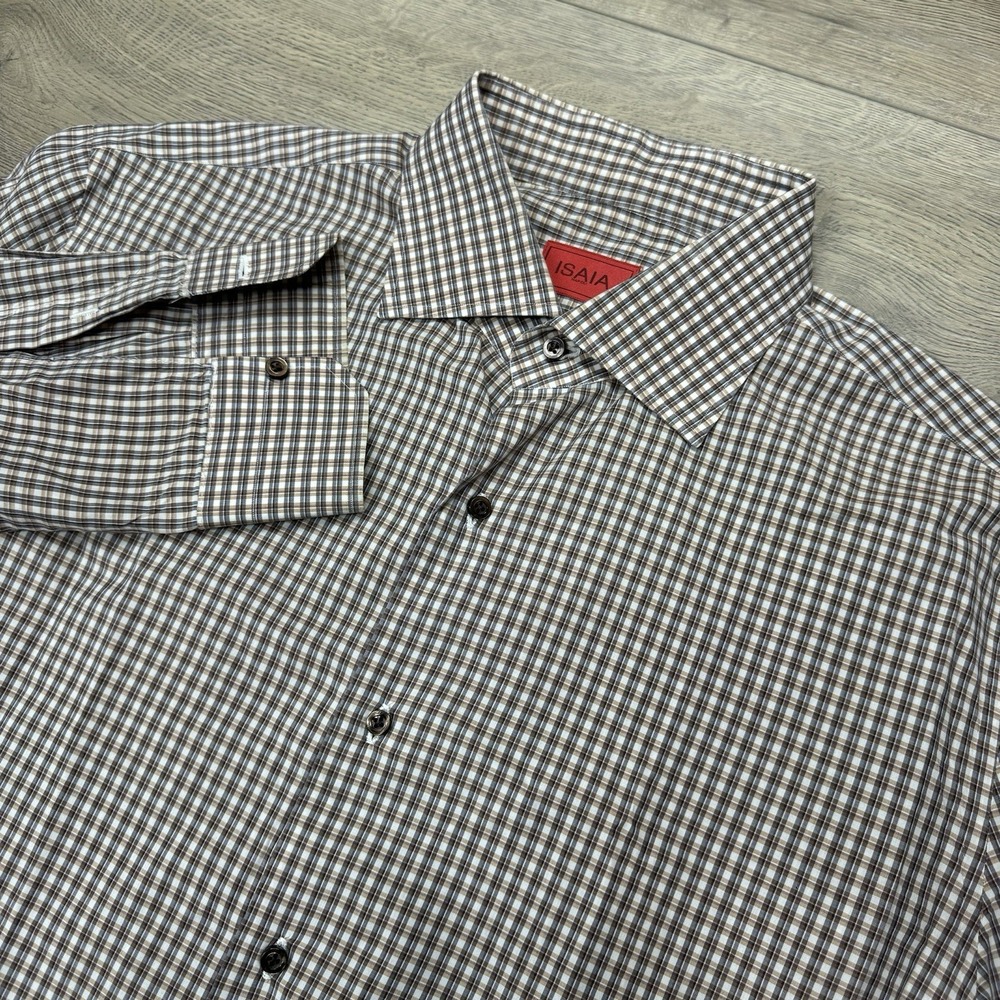 Isaia Napoli Brown Multicolor Plaid Check Button Up Shirt Men's Sz 17.5x44 Mensw